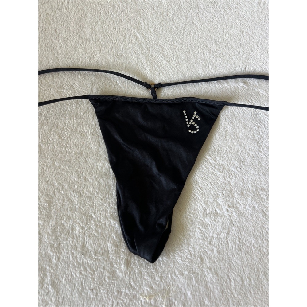 Vintage Victoria's Secret L Very Sexy Satin Black Rhinestone Bling V-String Y2K